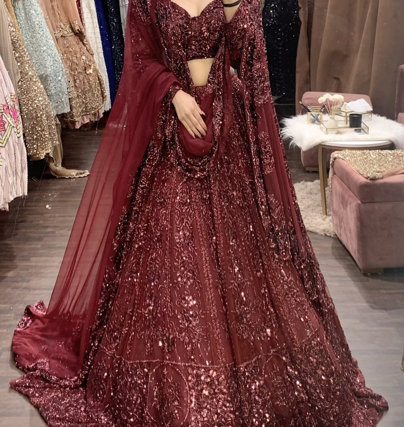 Surbhi Chopra Mahogany Red Lehenga — Designer Bridal Lehenga rental in Surrey, BC