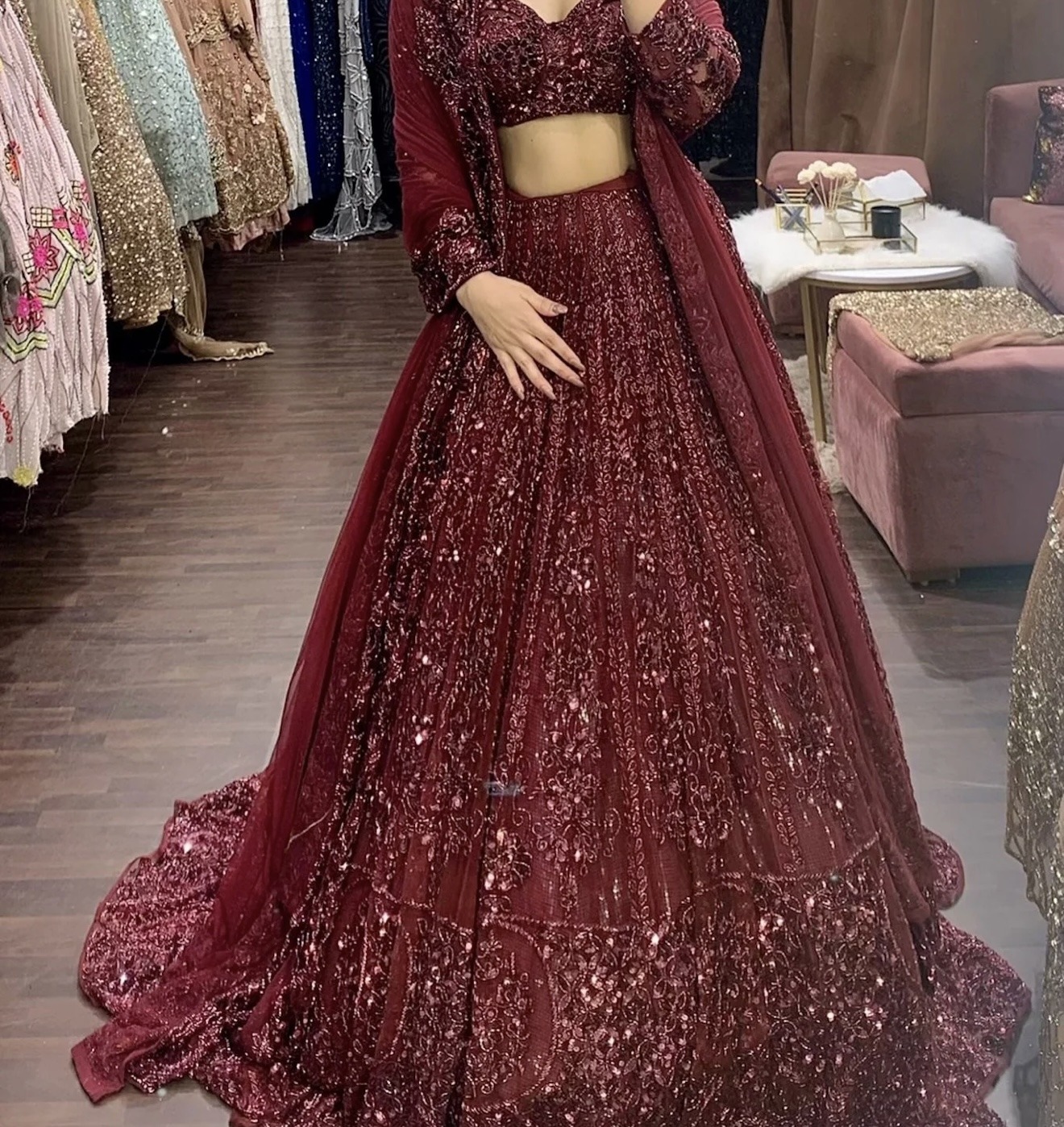 Surbhi Chopra Mahogany Red Lehenga view 2