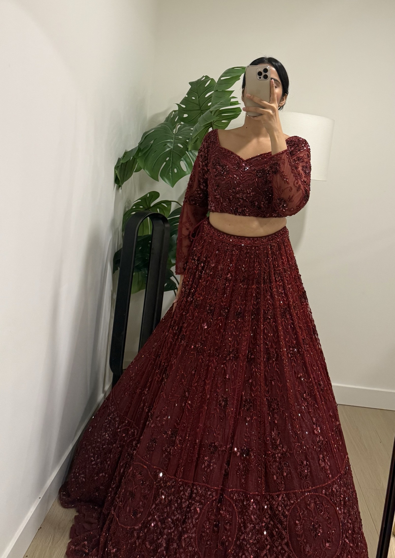 Surbhi Chopra Mahogany Red Lehenga view 4